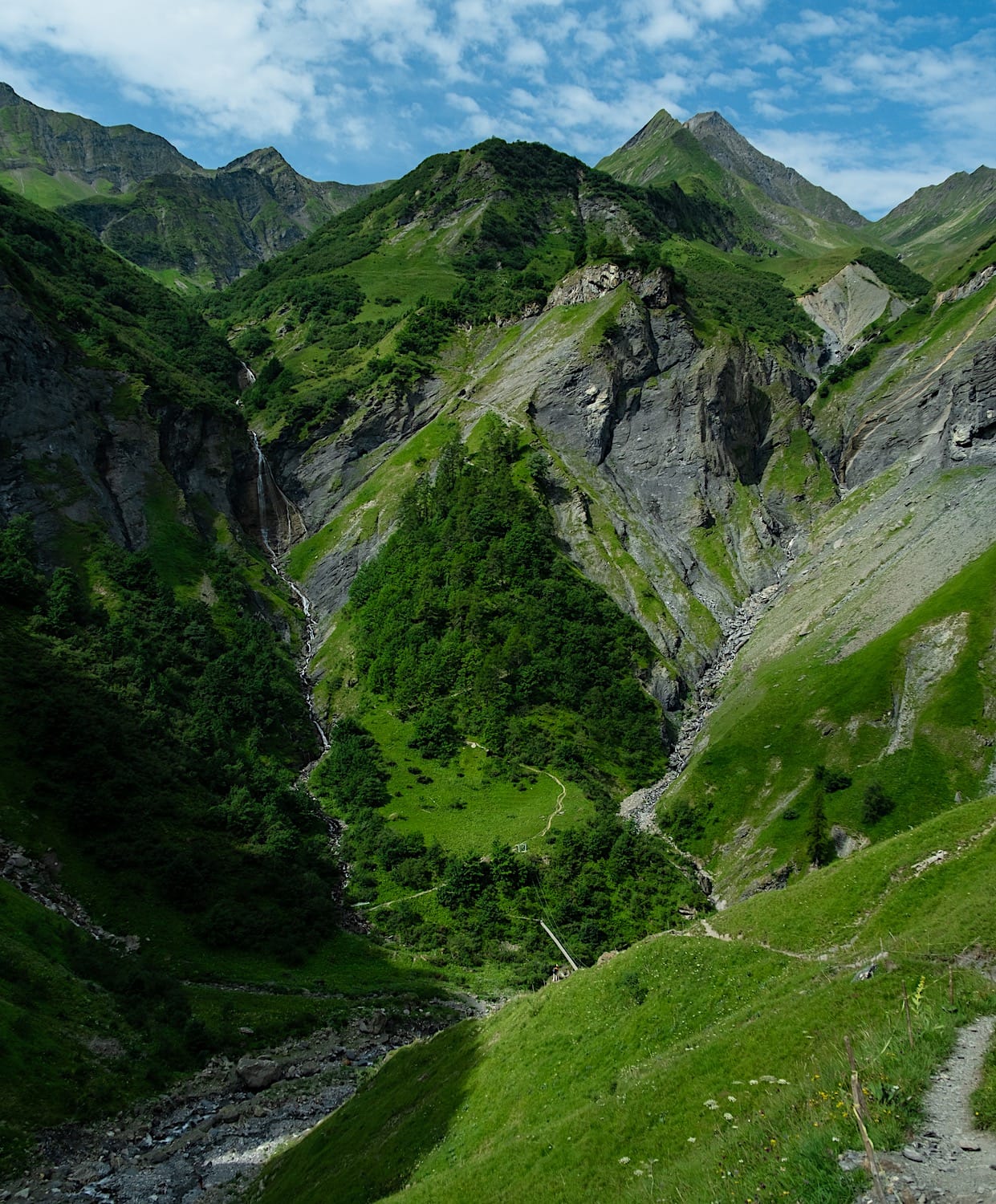 View down the forested Batöni valley from the trail, with green mountain ridges above Weisstannen
