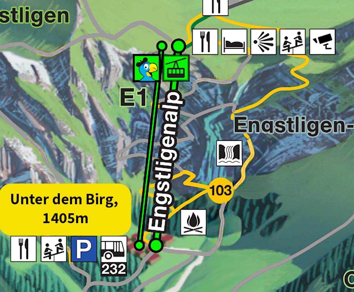 Illustrated map of Engstligenalp showing the cable car line, parking, amenities and the waterfall location