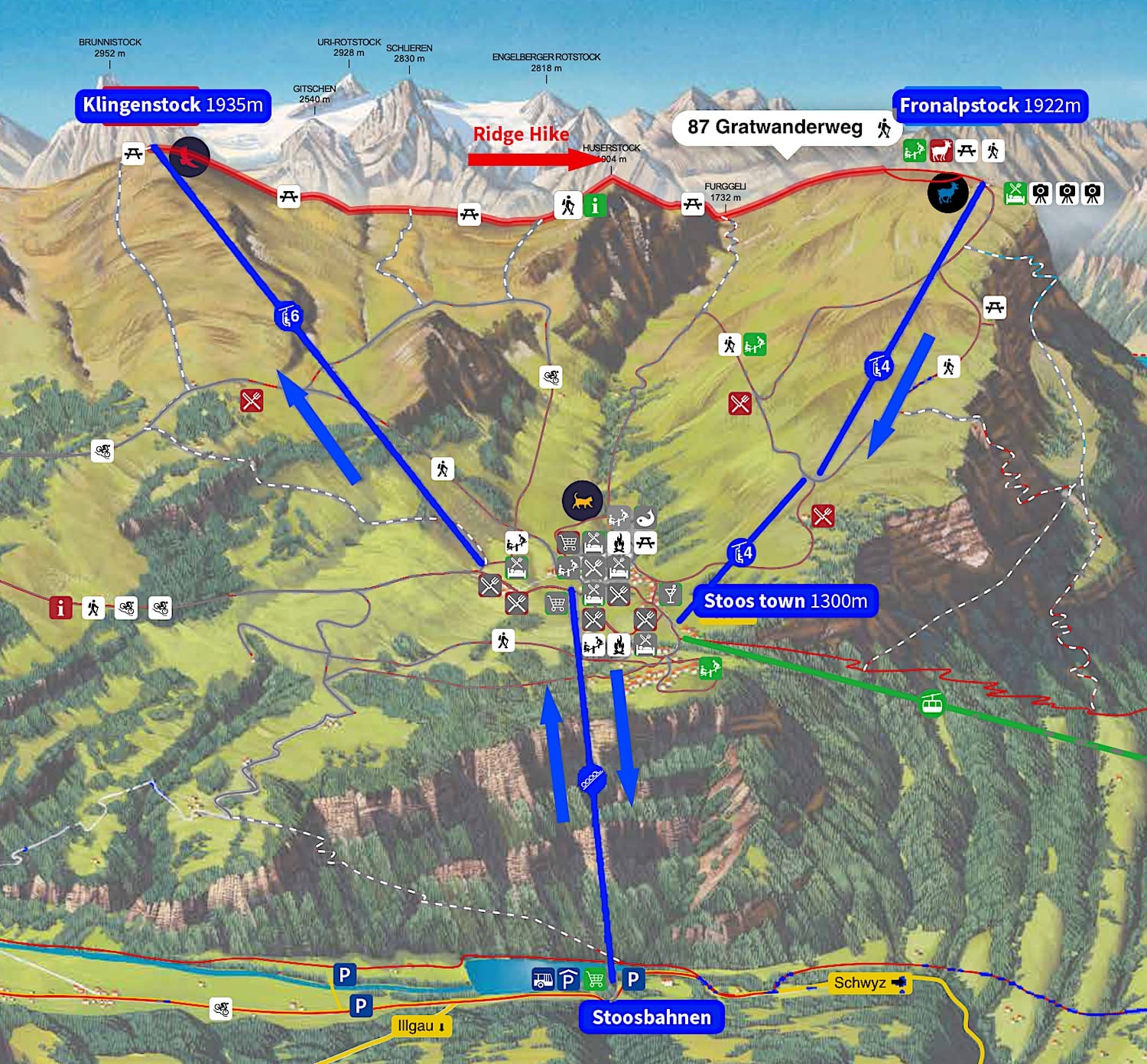 Illustrated area map of Stoos showing the red ridge trail from Klingenstock to Fronalpstock, the cable car lines, and the Stoosbahnen funicular station below