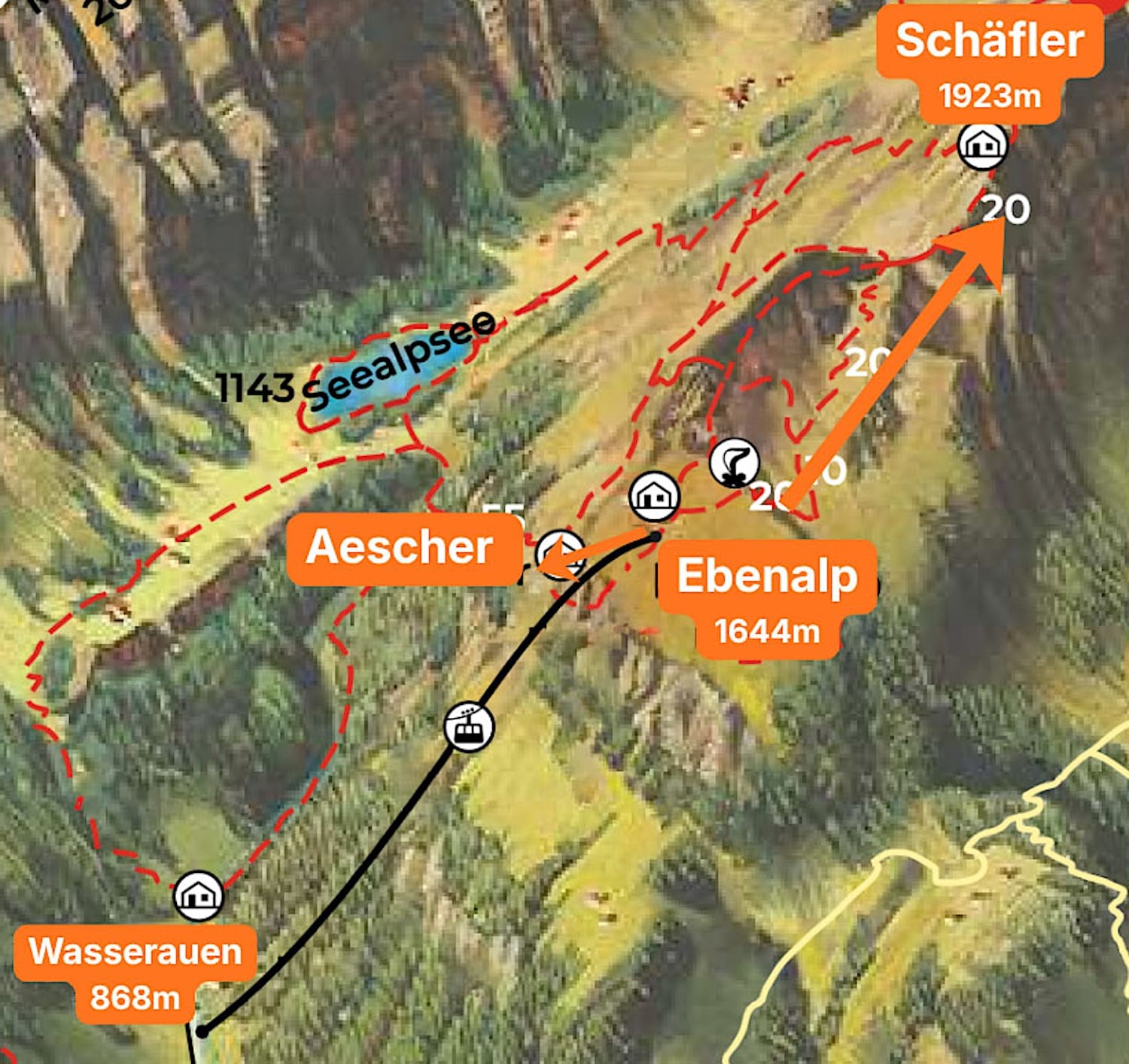 Map of the Wasserauen to Ebenalp, Schäfler and Äscher area with orange labels and arrows marking the route