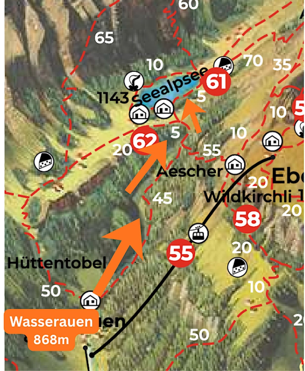 Illustrated hiking map of the Wasserauen to Seealpsee area with orange arrows tracing the route up the valley