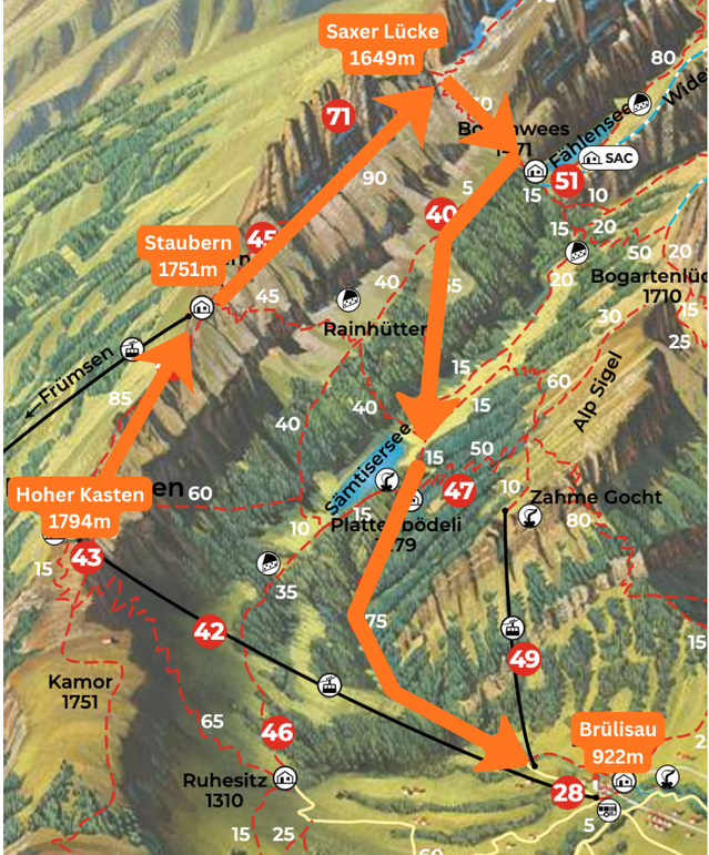 Map of the longer Saxer Lücke to Brüsilau route via Sämtisersee
