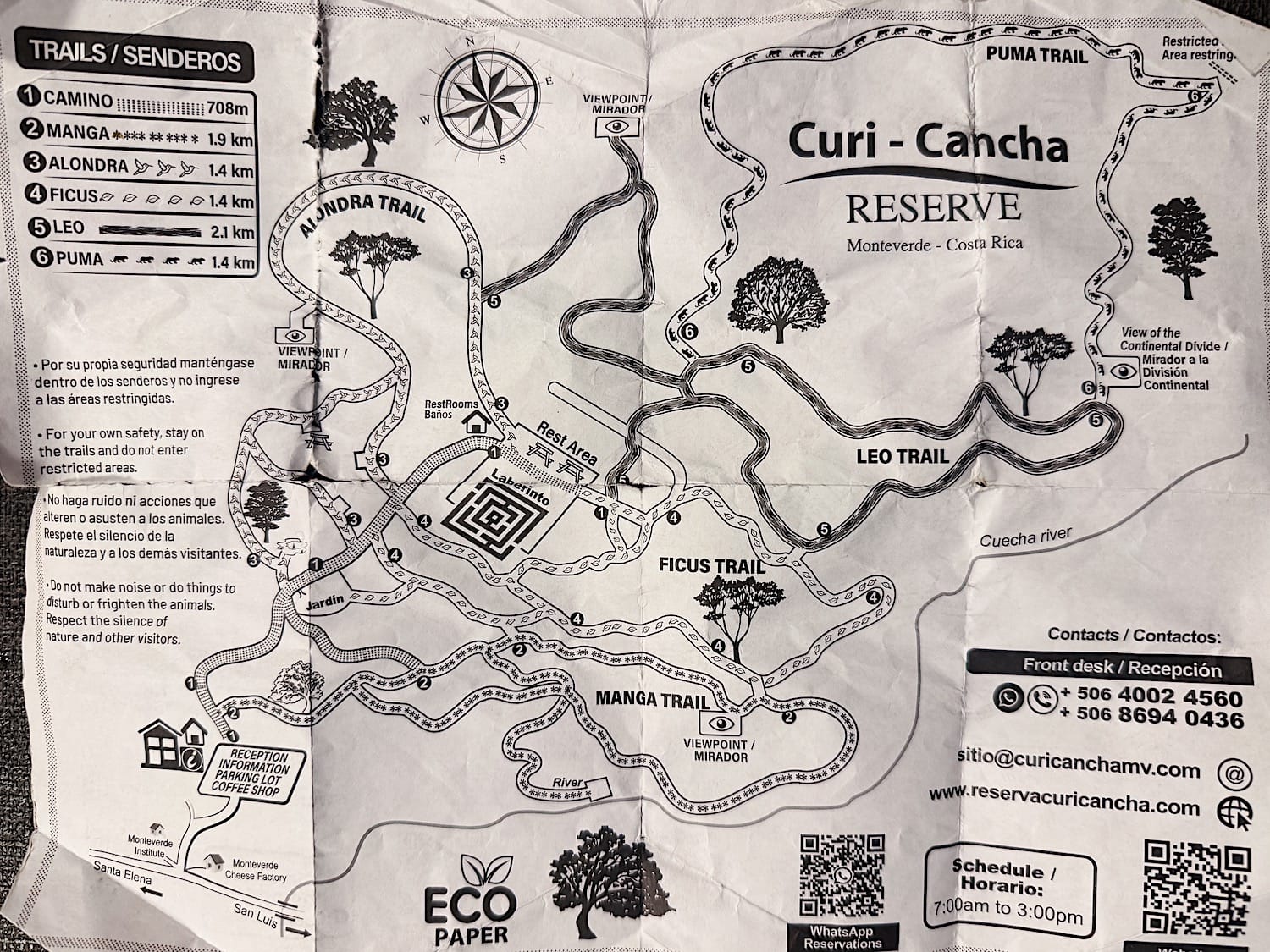 Curi-Cancha Reserve trail map showing six trails from 0.7 to 2.1 km